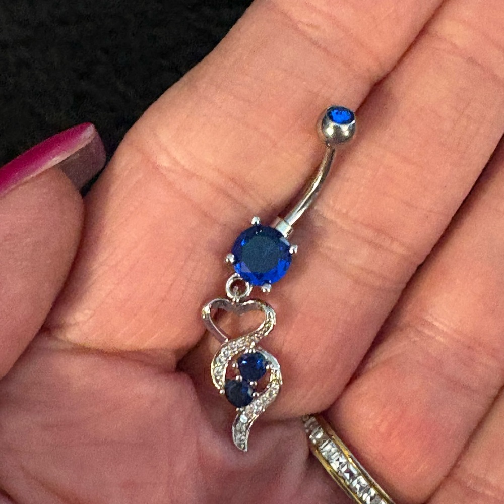 Belly Ring-Blue sapphire, Stainless Steel Dangling heart Navel Belly Button Ring